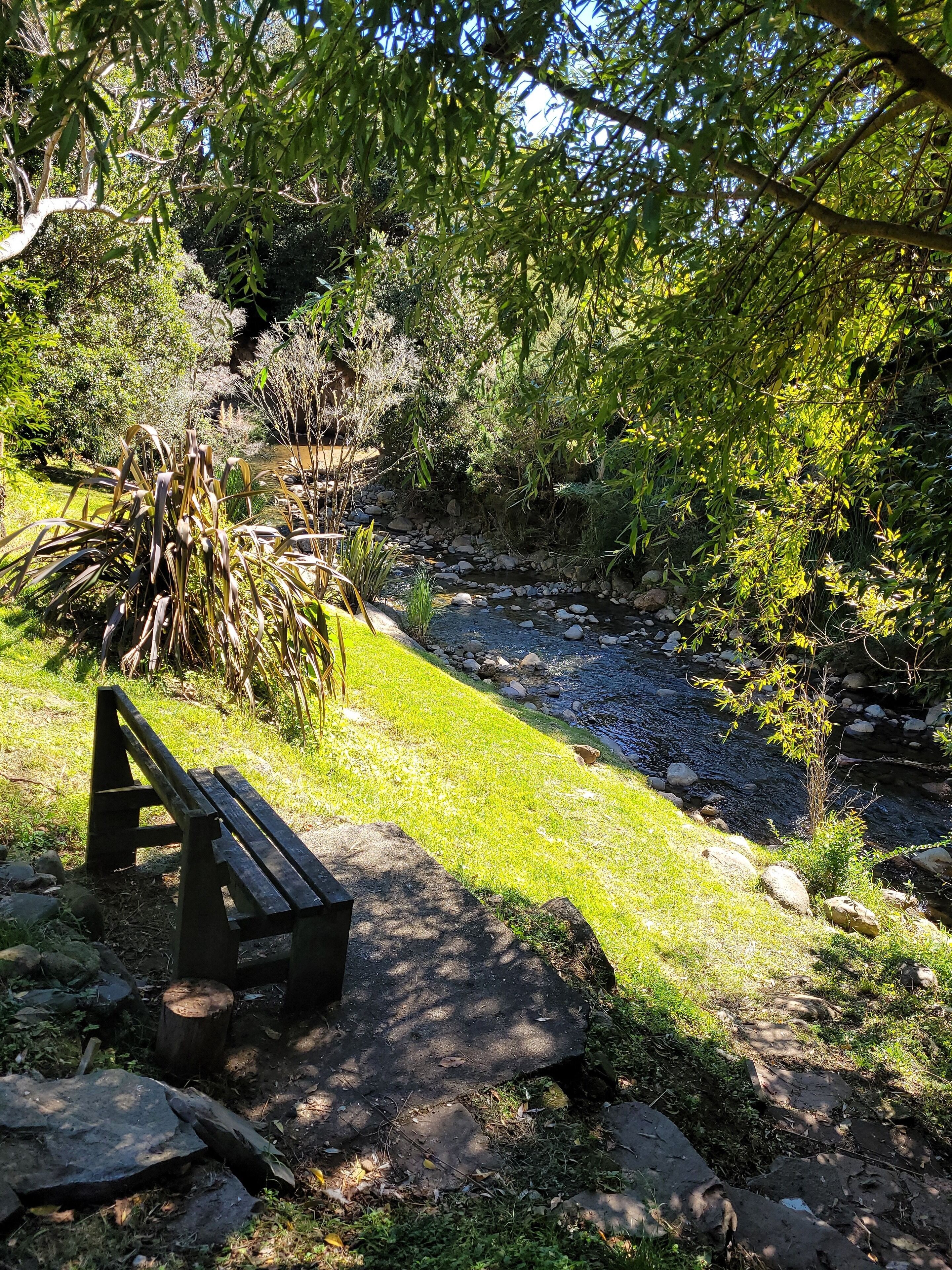 A bench by a stream in a park with rocks and greenery.