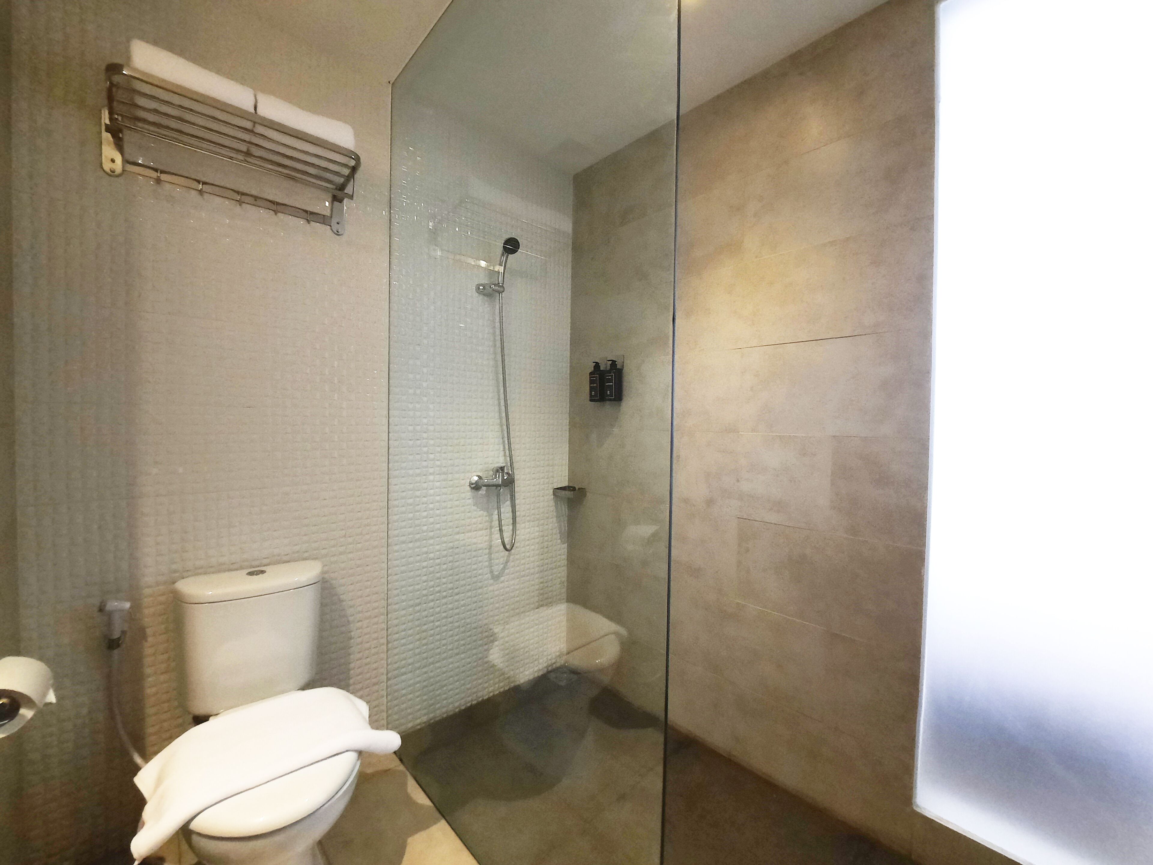 A modern bathroom with a glass shower enclosure, a toilet, and a towel rack.