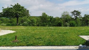 A spacious outdoor area with a paved walkway, surrounded by lush greenery and trees. - Quiet studio with terrace (Rougemont)