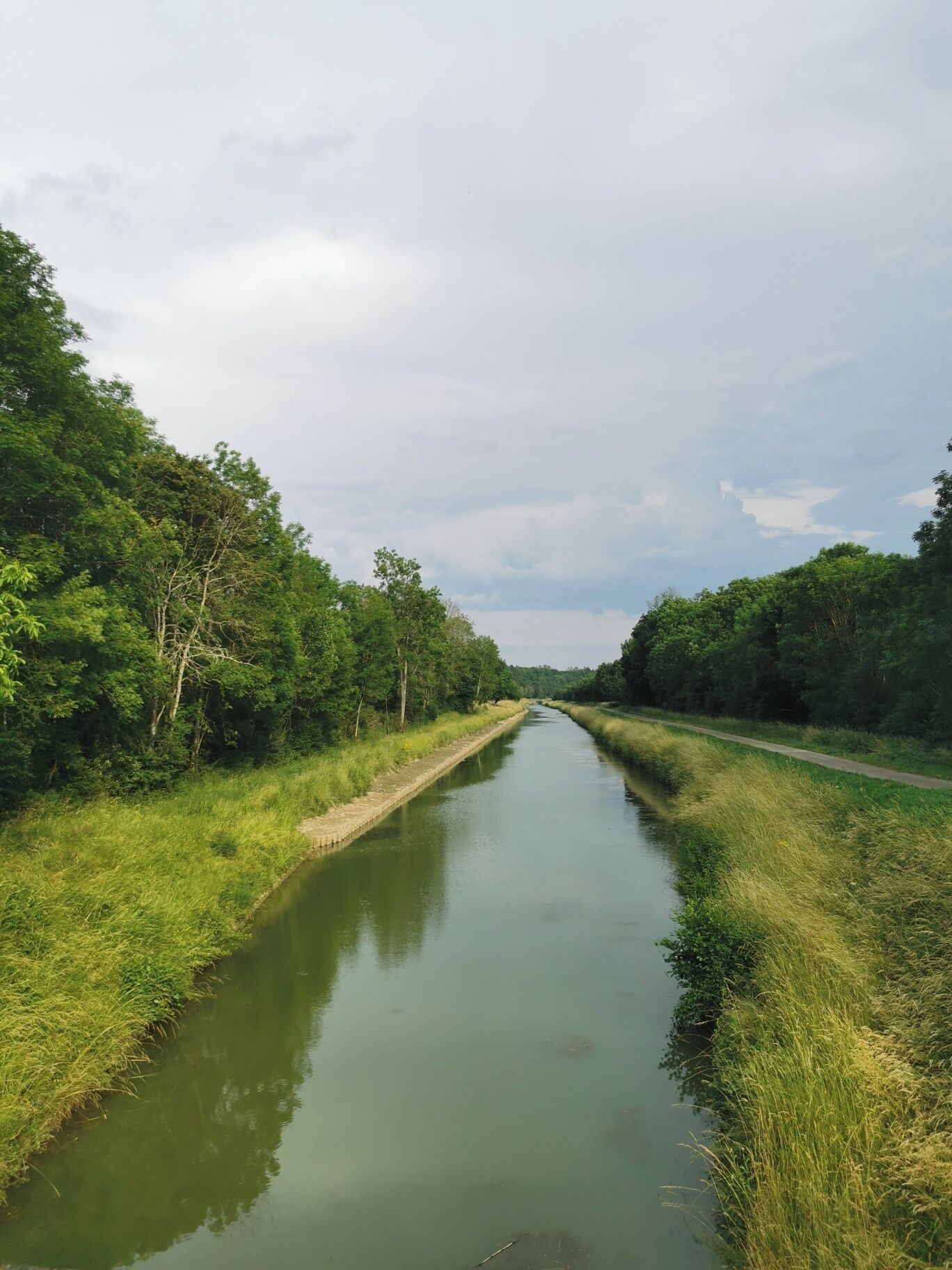 A narrow waterway flanked by dense greenery and a paved path.