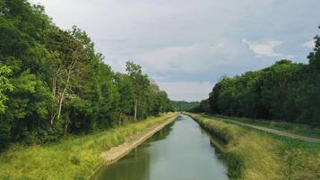 A narrow waterway flanked by dense greenery and a paved path.