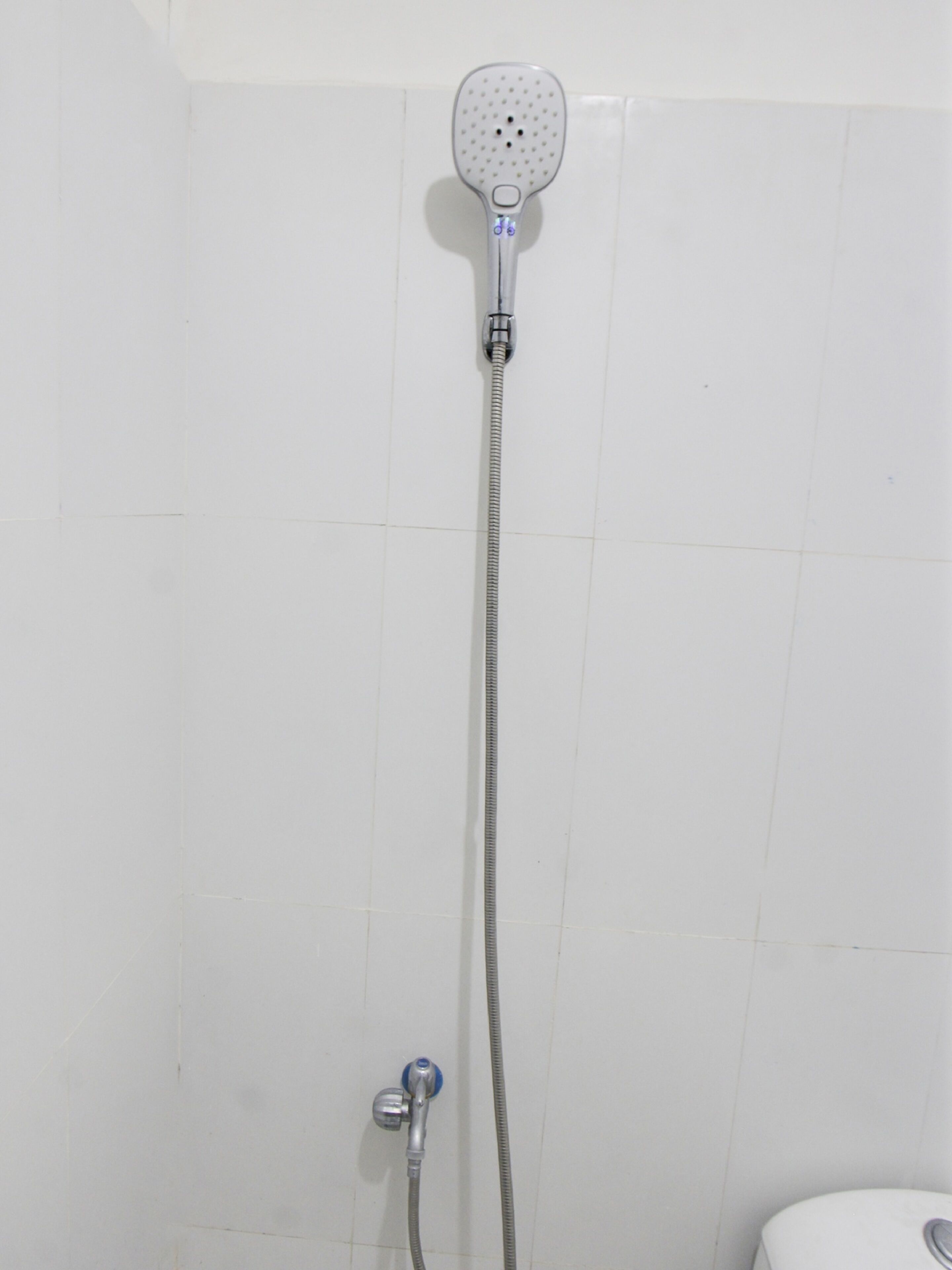 A shower with a handheld showerhead and a flexible hose.