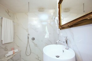 Shower, hair dryer, bidet, towels