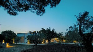 A building with a flat roof and a brick wall, surrounded by trees and illuminated by street lamps. - Italy Apulia Salento, Lecce, Ancient villa countryside, swimming pool relaxation (parabita)