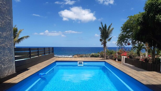 A rectangular swimming pool with clear blue water, surrounded by wooden decking and a black railing. The pool is set against a backdrop of a clear blue sky and ocean, with palm trees and tropical plants around the pool area. - La Falaise Seafront Villa (Flic En Flac)