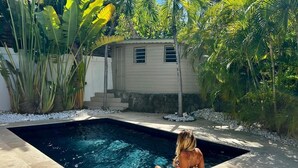 Ein rechteckiger Pool mit klarem Wasser, umgeben von einer Steindeckung und üppigen tropischen Pflanzen.