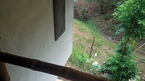 Vista desde un balcón con suelo de baldosas, que da a un jardín con diversas plantas y árboles.
