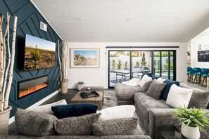 TV, fireplace, foosball, offices