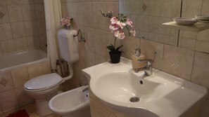 Secadora de cabello, bidet, toallas, jabón 