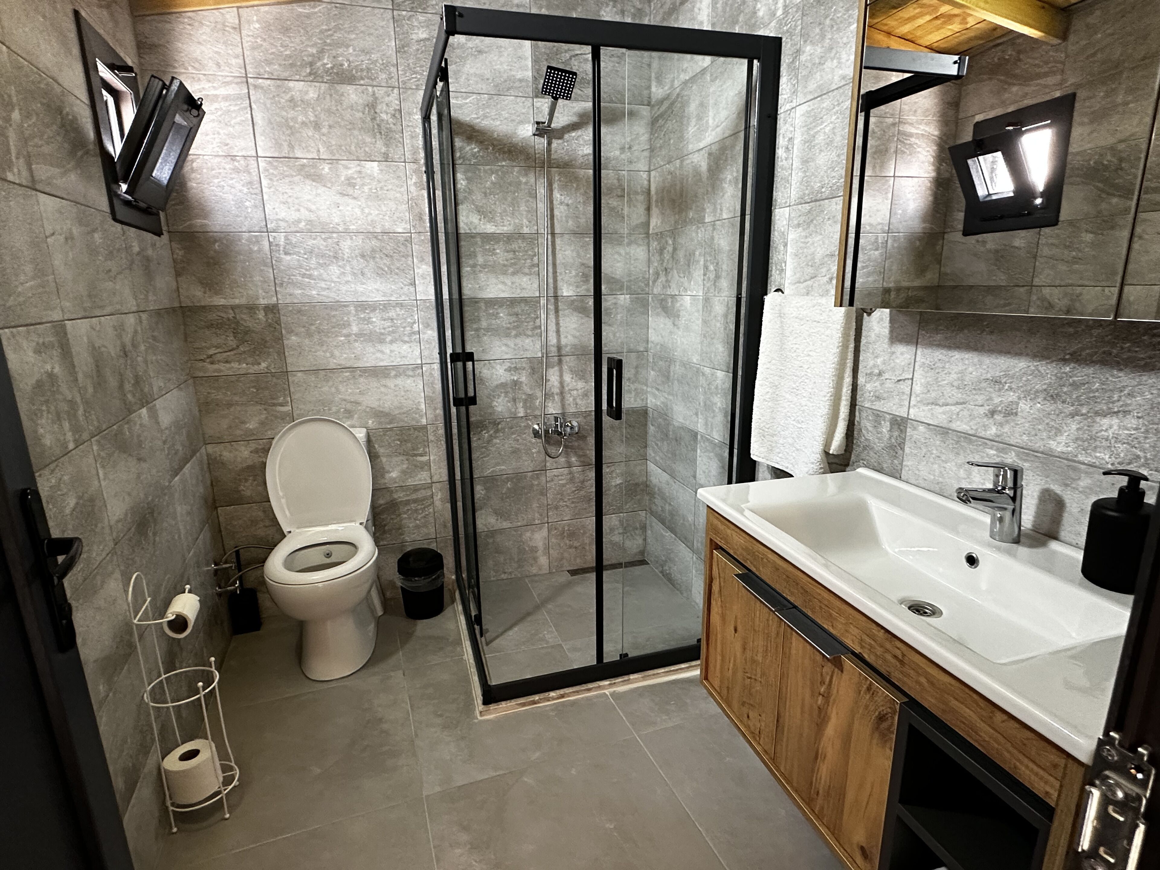 A modern bathroom with a glass-enclosed shower, a toilet, a sink, and a towel rack.