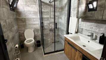 A modern bathroom with a glass-enclosed shower, a toilet, a sink, and a towel rack.