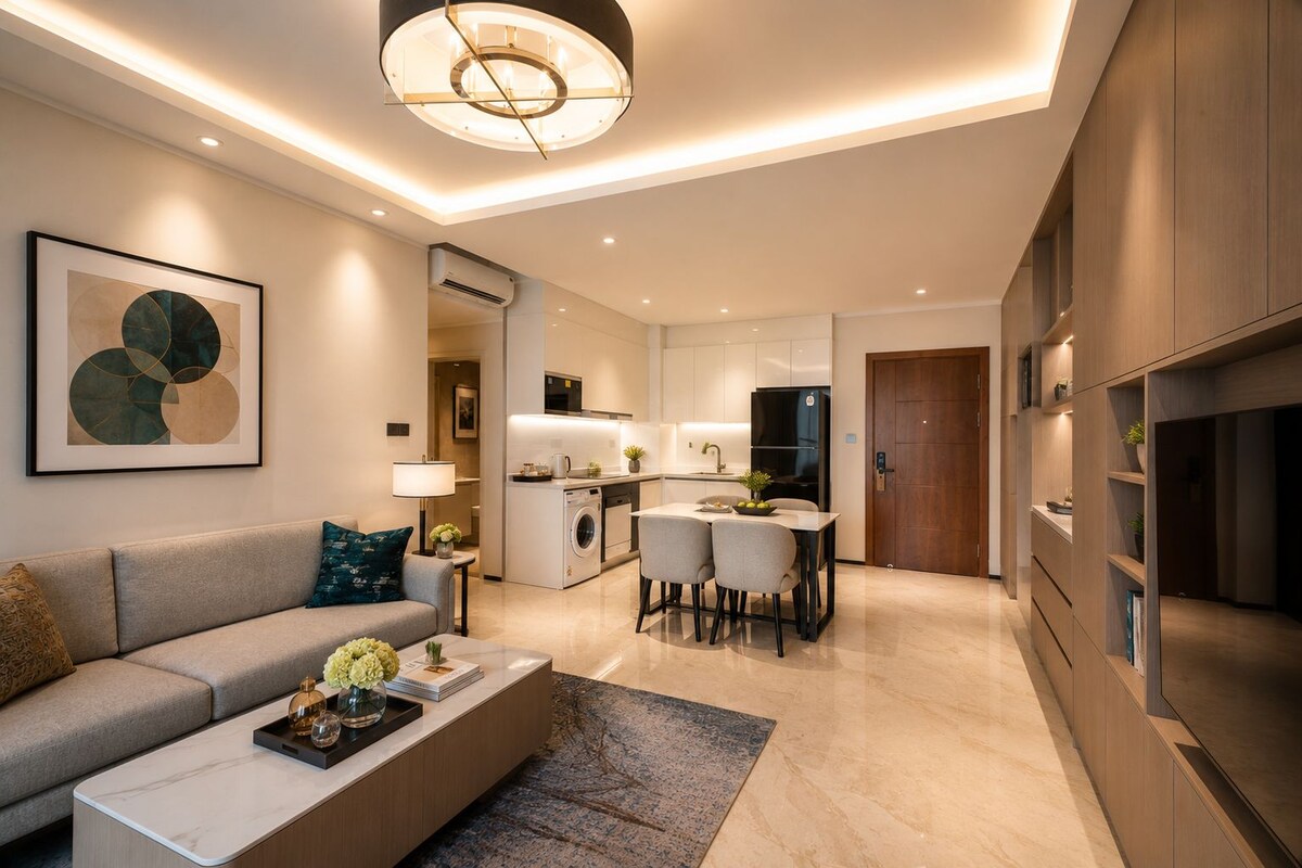 ELO Two-Bedroom Suite - 90 m² | Living area | 65-inch LED TV with digital channels