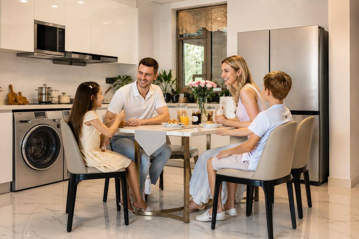 Een moderne keuken met een eettafel, roestvrijstalen apparatuur en een wasmachine.