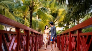 A wooden bridge with red railings, surrounded by palm trees.