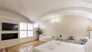 A hotel room with a large bed, a flat-screen TV, a sofa, a small table, and a radiator. - Domus Luxury Suite  (Rome)