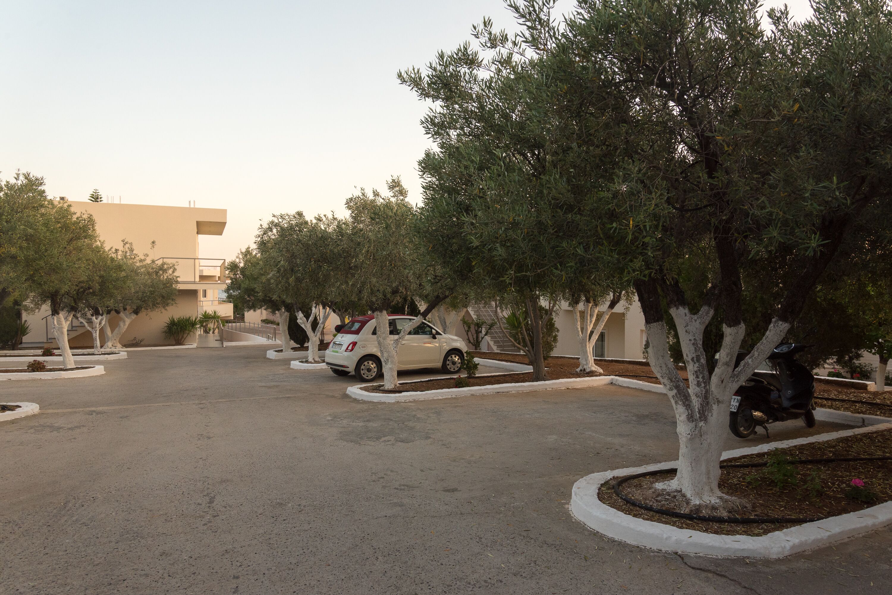 Un espace de stationnement où sont garées plusieurs voitures et des scooters, entouré d’arbres et avec un bâtiment visible au loin.