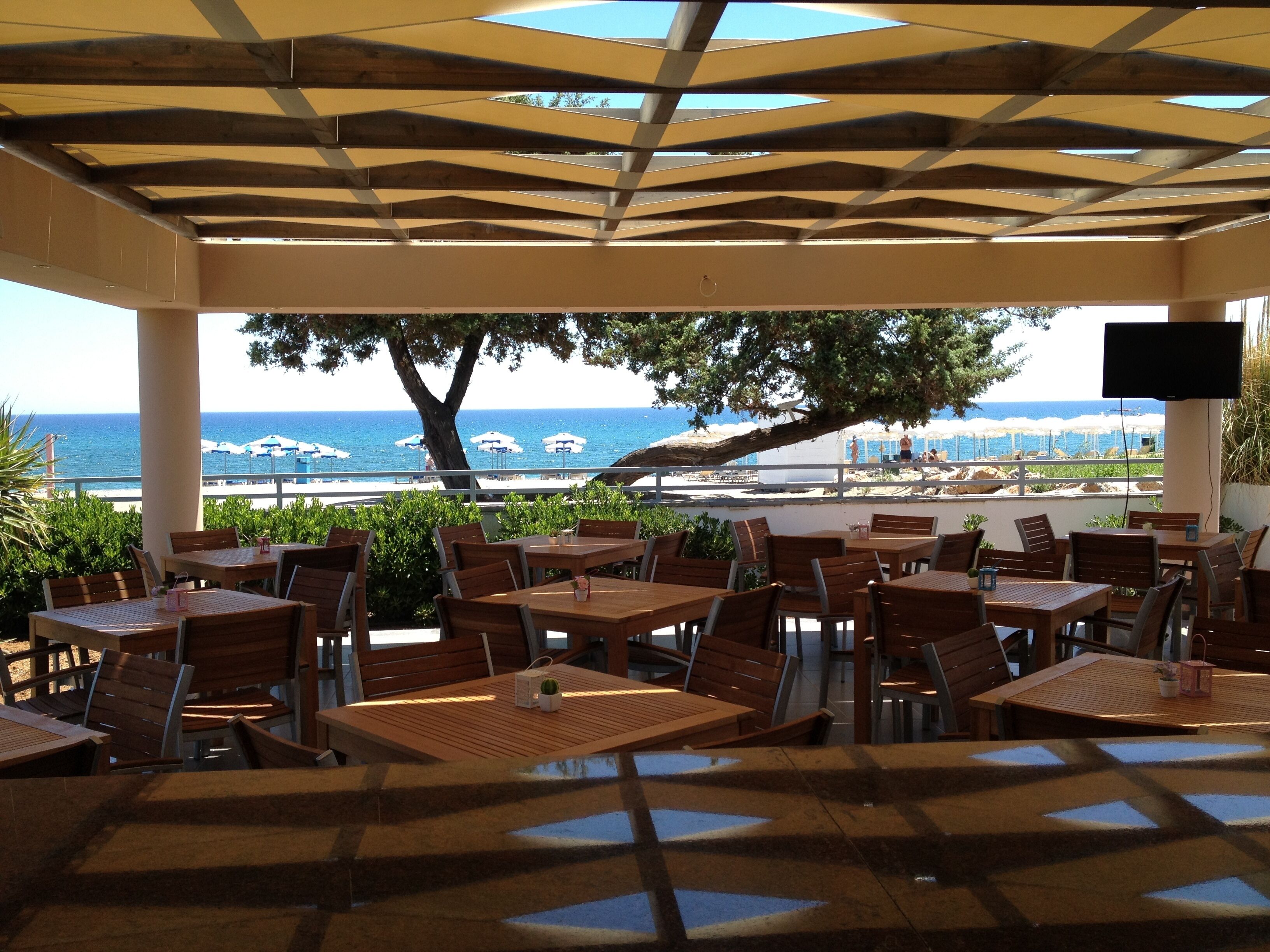 An outdoor cafe with wooden tables and chairs, a large tree, and a view of the beach and ocean.