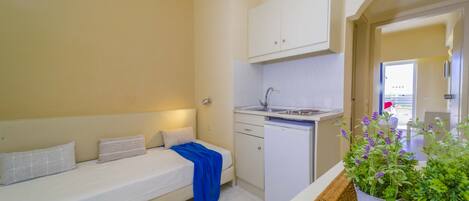 A compact room with a bed, a small kitchenette, and a potted plant.