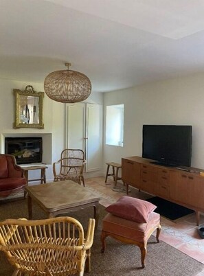 Televisie, een open haard en boeken