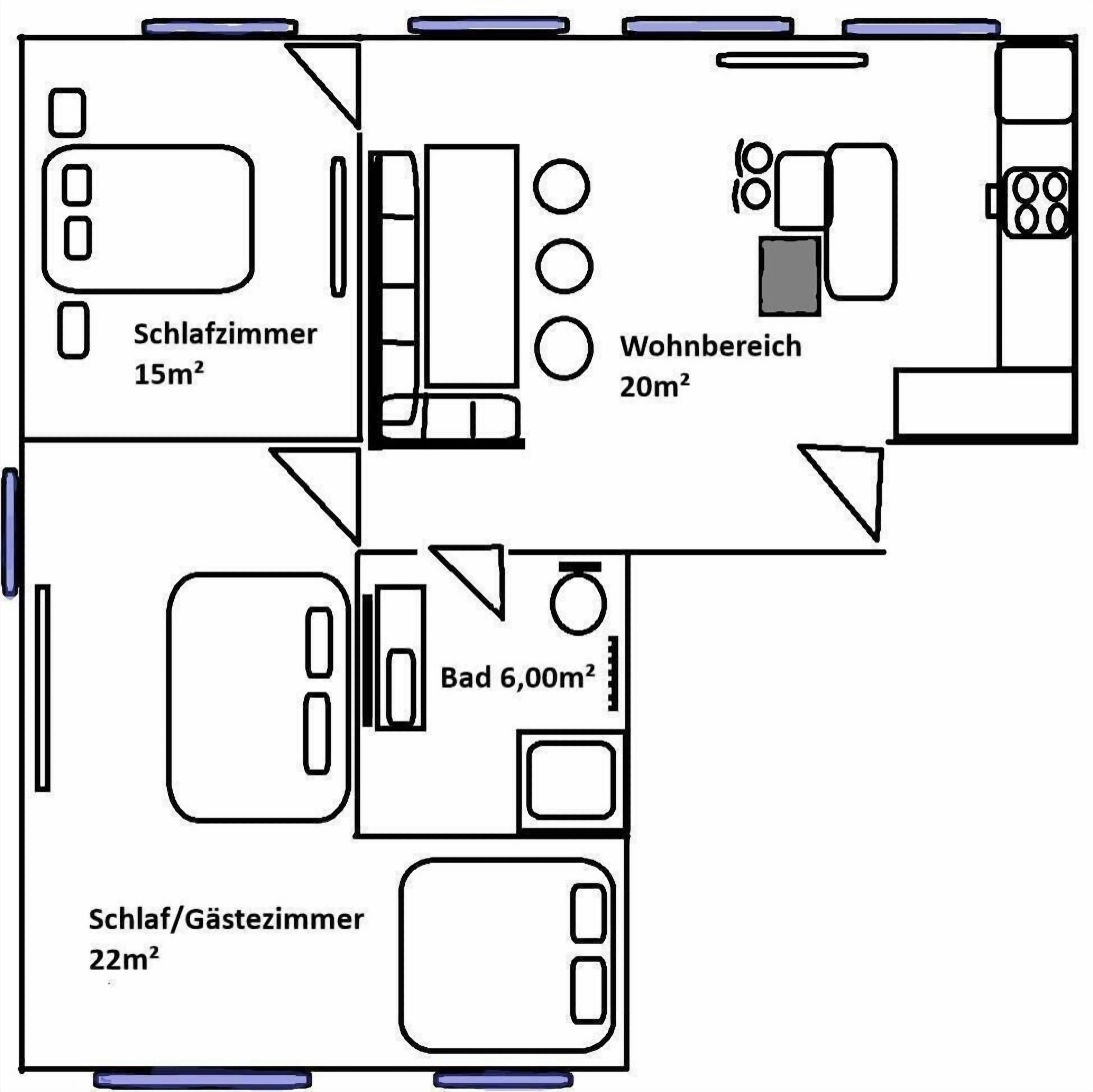 A hotel layout with a bedroom (15m²), living area (20m²), bathroom (6,00m²), and kitchen (22m²).