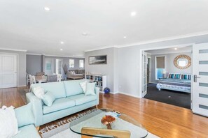 Smart TV, fireplace, books
