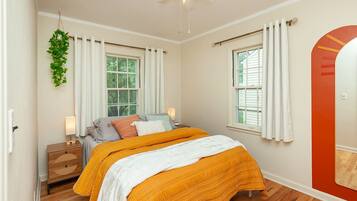 2 bedrooms, desk, blackout drapes, iron/ironing board