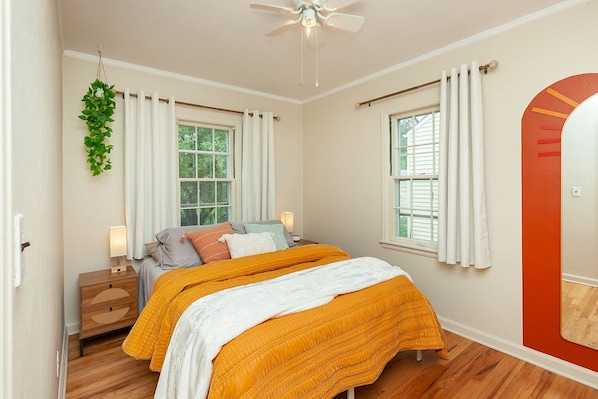 2 bedrooms, desk, blackout curtains, iron/ironing board