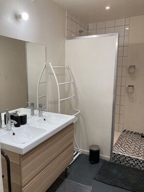 Shower, hair dryer, towels