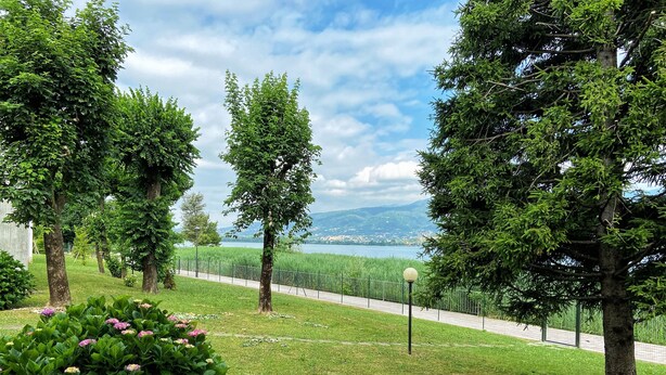 Ein Park mit einem gepflasterten Weg, Bäumen und Blick auf einen See und Berge.