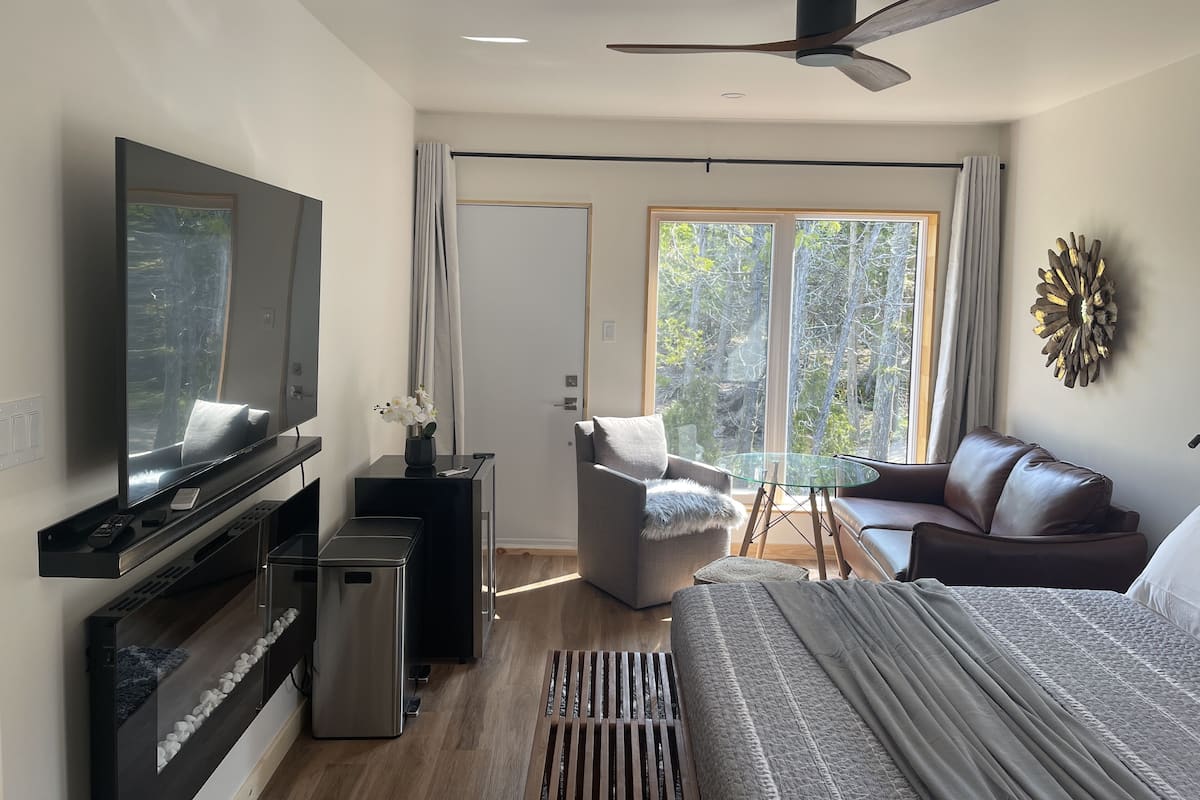 A modern bedroom with a bed, a TV, a desk, and a window with a view of trees.