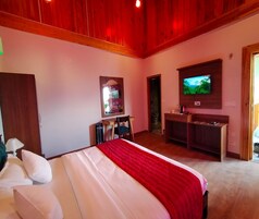 A bedroom with a large bed, a desk, a television, and a mirror.