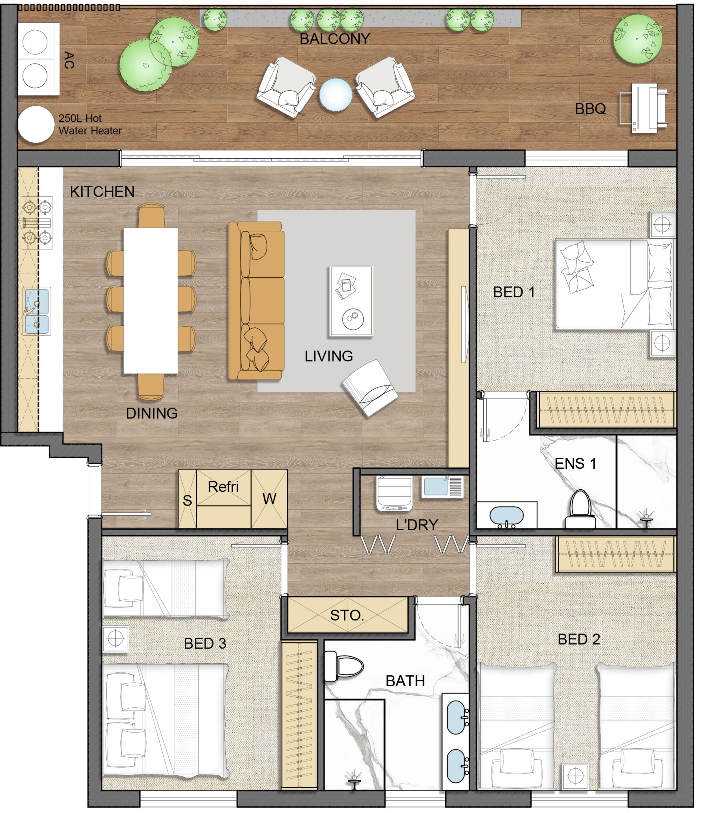 A floor plan of a hotel with a balcony, kitchen, dining area, living room, two bedrooms, a bathroom, and a storage room.