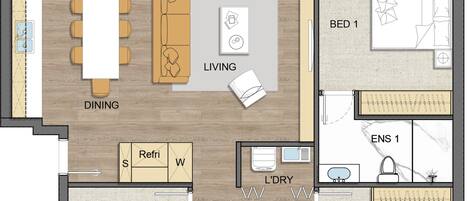 A floor plan of a hotel with a balcony, kitchen, dining area, living room, two bedrooms, a bathroom, and a storage room.