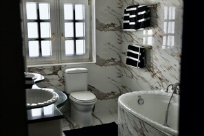 Hair dryer, bidet, towels, soap