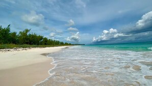 Una playa con aguas turquesas cristalinas, una orilla arenosa y una fila de árboles al fondo.