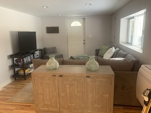 Smart TV, fireplace, DVD player, books