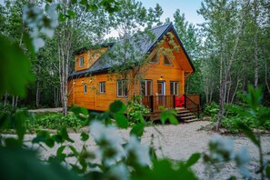A wooden cabin with a porch, surrounded by trees. - Akira Lodge - Alpha Mountain Lodging + Sauna (Revelstoke)