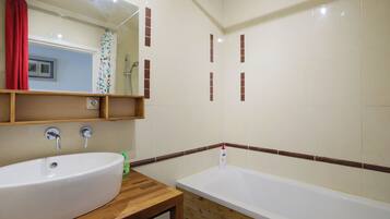 Hair dryer, towels, soap, shampoo