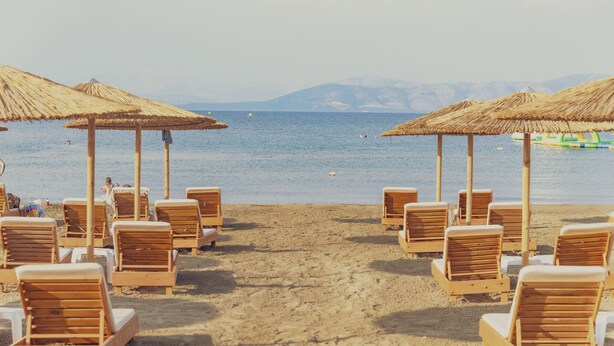 Una playa con sillones de madera y sombrillas de paja, dispuestas en filas mirando al mar.