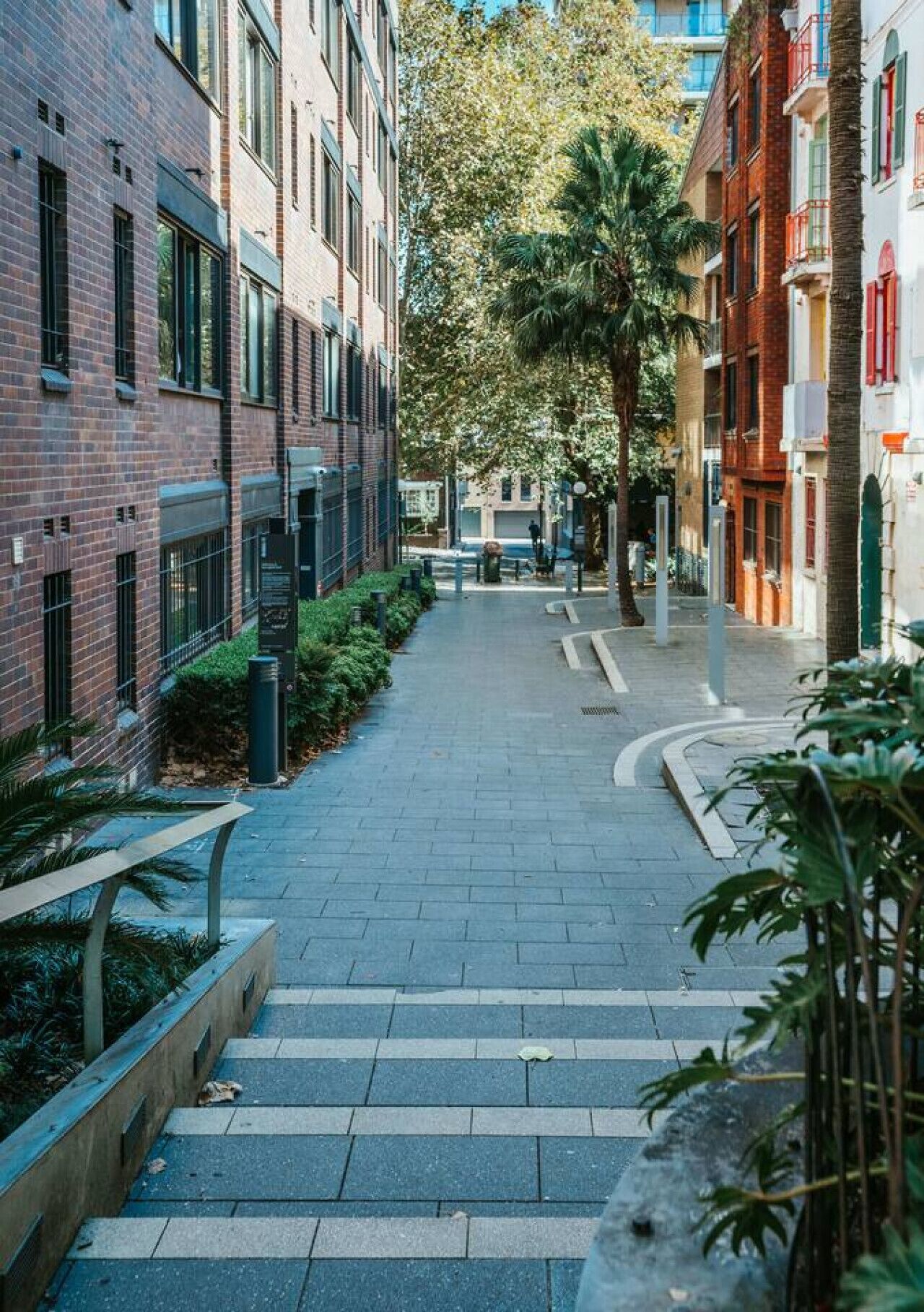 Un chemin piétonnier bordé d’immeubles à plusieurs étages, dont les façades sont faites d’un mélange de briques et de crépi, qui mène à un espace ouvert central agrémenté d’arbres.