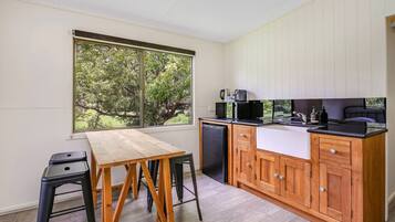 Fridge, microwave, coffee/tea maker, toaster