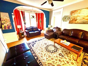 Smart TV, fireplace, foosball, books