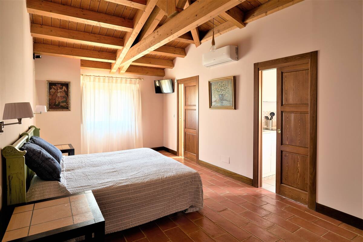 A bedroom with a bed, a television, a window with curtains, and wooden doors.