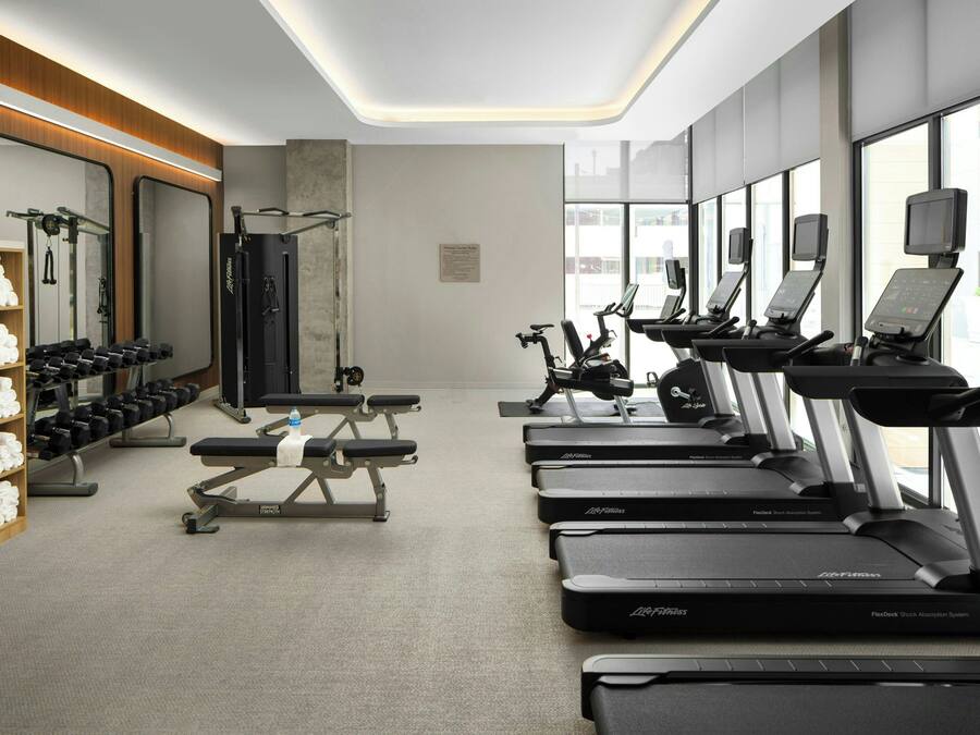 A modern gym with treadmills, dumbbells, and weight machines.