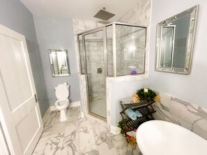 Shower, towels, toilet paper