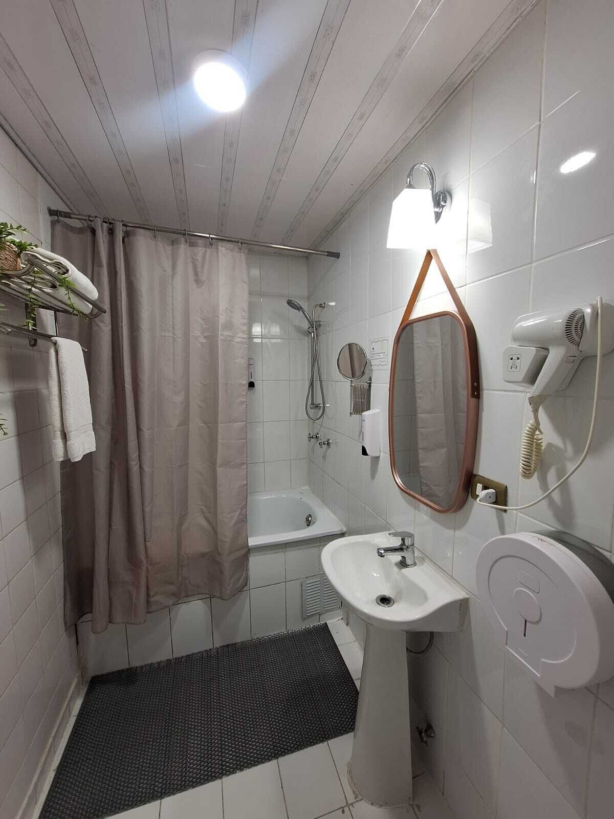 A compact bathroom with a shower, a sink, a mirror, and a hairdryer.