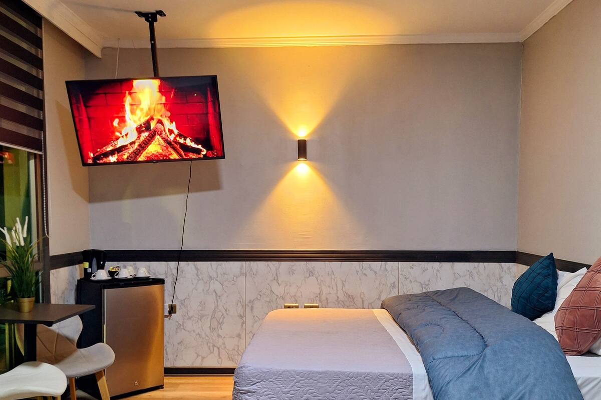 A modern bedroom with two beds, a TV displaying a fireplace, and a small kitchenette.