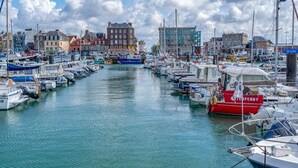 Un puerto deportivo con numerosas embarcaciones amarradas en aguas tranquilas, rodeado de edificios de diversos estilos arquitectónicos.