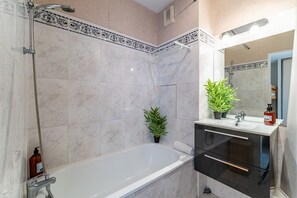 Hair dryer, towels, soap, toilet paper