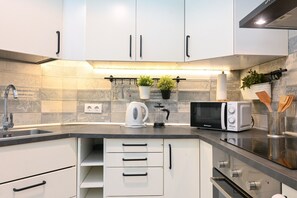 Fridge, microwave, oven, coffee/tea maker